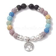 8mm Round 7-Color Natural Lava Rock & Shell Pearl Beaded Stretch Bracelets, Tree of Life Alloy Charm Bracelets for Women Men, Colorful, Inner Diameter: 2-1/8 inch(5.35cm)(BJEW-JB10329-01)