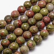 Natural Unakite Beads Strands, Faceted, Round, 8mm, Hole: 1mm, about 44pcs/strand, 14.9 inch~15.1 inch(G-D840-45-8mm)