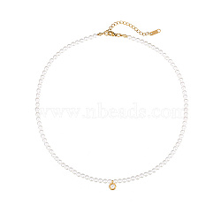 Real 18K Gold Plated Stainless Steel Flat Round Pendant Necklaces, with Imitation Pearl Beaded, White, 17.72 inch(45cm)(EE0925-1)