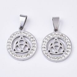 201 Stainless Steel Filigree Pendants, Flat Round with Triquetra, with Random Size Snap On Bails and Polymer Clay Crystal Rhinestones, Stainless Steel Color, 23x20x2.5mm, Hole: 8~10x3~5mm(STAS-N089-38P)