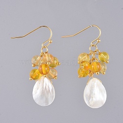 Natural Citrine Dangle Earrings, with Natural Spiral Shell Beads, Real 18K Gold Plated Brass Earring Hooks and Copper Wire, 43mm, Pin: 0.6mm(EJEW-JE03876-01)