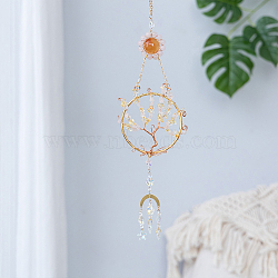 Natural Gemstone Chips Tree of Life Pendant Decoration, Hanging Suncatchers, with Glass Bead and Iron & Brass Findings, for Window Home Garden Decoration, Moon, Colorful, 420mm(DJEW-PW0019-01)
