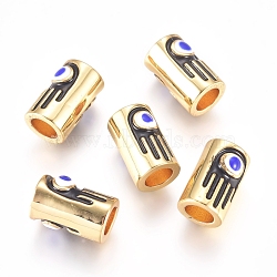 Brass Enamel Beads, Column with Palm & Evil Eye, Golden, Black, 9.8x6.5x6mm, Hole: 3.8mm(KK-L189-18G)