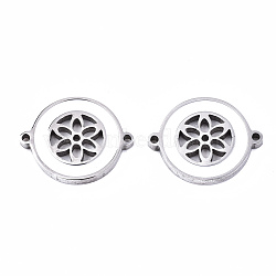 304 Stainless Steel Enamel Links Connectors, Laser Cut, Flat Round with Flower, White, Stainless Steel Color, 14.5x18.5x2mm, Hole: 1.2mm(STAS-S080-014P-A)