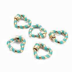 Brass Screw Carabiner Lock Charms, for Necklaces Making, with Enamel, Nickel Free, Heart, Real 18K Gold Plated, Teal, 18x19.5x3~5.5mm(KK-T046-002C-NF)