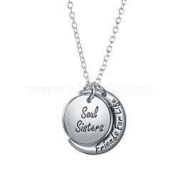 Alloy Pendant Necklaces, Friendship Necklaces, with Lobster Claw Clasps, Flat Round & Moon with Word Soul Sisters, Friends For Life, Platinum, 20.27 incehs(51.5cm)(NJEW-K121-01P)