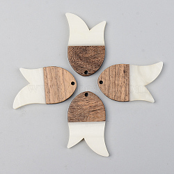 Opaque Resin & Walnut Wood Pendants, Fish, Floral White, 38x24x3mm, Hole: 2mm(RESI-S389-060A-C04)