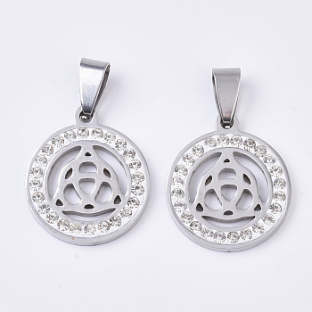 201 Stainless Steel Filigree Pendants, Flat Round with Triquetra, with Random Size Snap On Bails and Polymer Clay Crystal Rhinestones, Stainless Steel Color, 23x20x2.5mm, Hole: 8~10x3~5mm