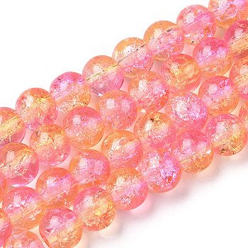 Two-Tone Crackle Baking Painted Transparent Glass Beads Strands, Round, Hot Pink, 8mm, Hole: 1.5mm, about 108~110pcs/strand, 30.71 inch~31.50 inch(78~80cm)