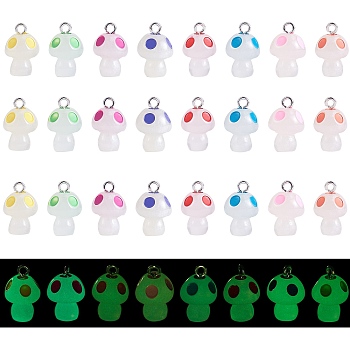 24Pcs 8 Colors Spray Painted Luminous Resin Pendants, Mushroom Charm, with Glitter Powder and Platinum Tone Iron Loops, Mixed Color, 21.5x13.5mm, Hole: 2.5mm, 3pcs/color