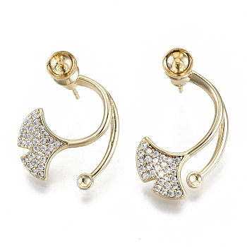 Brass Micro Pave Cubic Zirconia Stud Earring Settings, for Enamel and Half Drilled Beads, Nickel Free, Ginkgo leaf, Clear, Real 18K Gold Plated, 24x13mm, Pin: 0.8mm, Pin: 0.8mm(for half drilled beads)