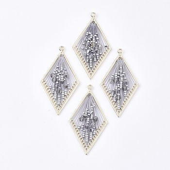 Polyester Thread Woven Big Pendants, with Glass and Golden Plated Alloy Findings, Long-Lasting Plated, Rhombus, Gray, 55.5x31x4mm, Hole: 1.8mm