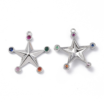 Brass Micro Pave Colorful Cubic Zirconia Pendants, Star Charms, Platinum, 25x23x3mm, Hole: 1.5mm