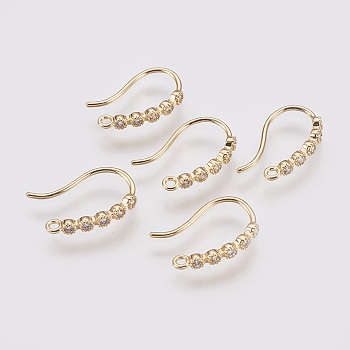 Brass Rhinestone Earring Hooks, with Horizontal Loop, Nickel Free, Real 18K Gold Plated, 15x10x2mm, Hole: 1mm, Pin: 0.8mm