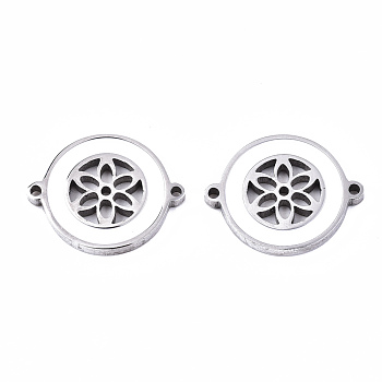 304 Stainless Steel Enamel Links Connectors, Laser Cut, Flat Round with Flower, White, Stainless Steel Color, 14.5x18.5x2mm, Hole: 1.2mm
