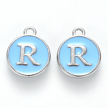 Platinum Plated Alloy Enamel Charms, Cadmium Free & Lead Free, Enamelled Sequins, Flat Round with Letter, Sky Blue, Letter.R, 14x12x2mm, Hole: 1.5mm