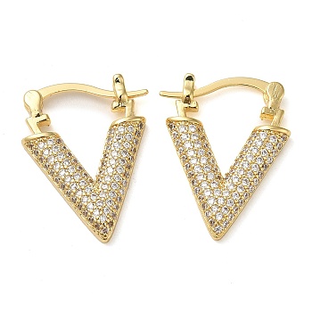 Triangle Brass Hoop Earrings with Clear Cubic Zirconia, Real 16K Gold Plated, 23.5x3x17.5mm