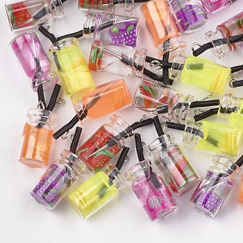 Glass Bottle Pendants, with Resin Inside, Fruit Tea Charms, Mixed Color, 25~28x10mm, Hole: 1.8mm