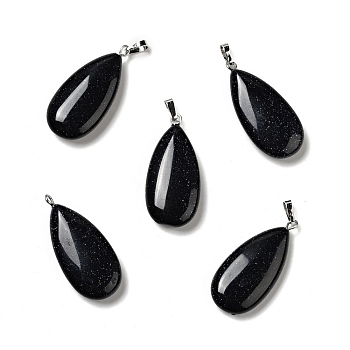Synthetic Blue Goldstone Pendants, with Platinum Tone Brass Findings, Teardrop, 33x15x7~7.5mm, Hole: 5x3.5mm