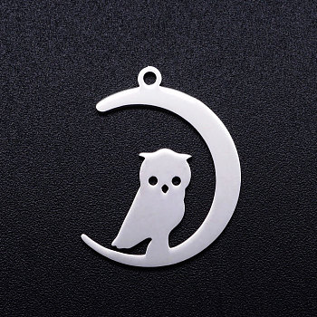 201 Stainless Steel Pendants, Crescent Moon with Owl, Stainless Steel Color, 23.5x17.5x1mm, Hole: 1.5mm