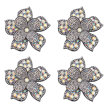 4Pcs Rhinestone Appliques, Sew on Patches, Costume Accessories, Flower, Crystal AB, 65x65x10mm