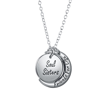 Alloy Pendant Necklaces, Friendship Necklaces, with Lobster Claw Clasps, Flat Round & Moon with Word Soul Sisters, Friends For Life, Platinum, 20.27 incehs(51.5cm)