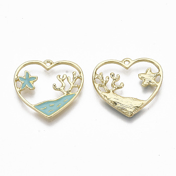 Alloy Enamel Pendants, Cadmium Free & Nickel Free & Lead Free, Heart with Starfish & Coral Pattern, Light Gold, Cadet Blue, 19x21x2mm, Hole: 1.2mm