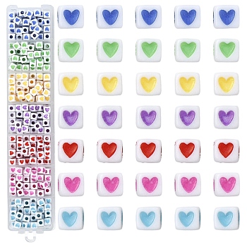 399Pcs 7 Colors Opaque Acrylic Beads, Cube with Heart, Mixed Color, 4.5x4.5x4.5mm, Hole: 2mm, 57pcs/color