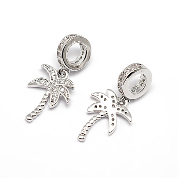 Large Hole Brass Micro Pave Cubic Zirconia European Dangle Charms, with Coconut Palm Charms, Lead Free & Nickel Free & Cadmium Free, Real Platinum Plated, 23mm, Hole: 4mm