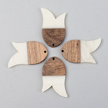 Opaque Resin & Walnut Wood Pendants, Fish, Floral White, 38x24x3mm, Hole: 2mm