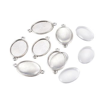 DIY Link Making, with Tibetan Style Alloy Cabochon Connector Settings and Glass Cabochons, Oval, Antique Silver, 36x20.5x1.5mm, Hole: 2mm