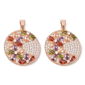 Brass Micro Pave Cubic Zirconia Pendants, Long-Lasting Plated, Rose Gold, Flat Round with Flower Charm, Colorful, 27x24.5x3.5mm, Hole: 6x4mm