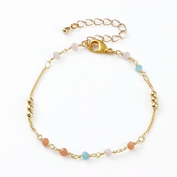 Faceted Glass Beaded Bracelets, with Brass Beads and Lobster Claw Clasps, Round, Real 18K Gold Plated, Colorful, 7-1/4 inch(18.3cm)