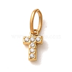 304 Stainless Steel Micro Pave Clear Cubic Zirconia Charms, Letter T Charms, Ion Plating(IP), Golden, 7.5x4.5x1.5mm, Hole: 4x2.5mm(CU-CBA703A-02G-01)