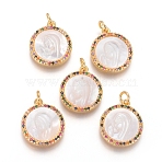 Brass Pendants, Cadmium Free & Lead Free, with Micro Pave Cubic Zirconia, Shell and Jump Rings, Flat Round with Virgin Mary, Colorful, Golden, 18x15x3mm, Hole: 3mm(KK-I656-51G-01)