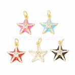 Rack Plating Brass Micro Pave Cubic Zirconia Pendants, with Enamel, Long-Lasting Plated, Real 18K Gold Plated, Cadmium Free & Lead Free, Starfish, Mixed Color, 18x16x4.5mm, Jump Ring: 6x1mm, 4mm Inner Diameter(KK-H428-01G)