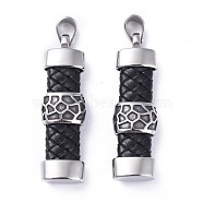 Imitation Leather Pendants, with 304 Stainless Steel Findings, Rectangle, Black, Antique Silver & Stainless Steel Color, 54.5x16x10mm, Hole: 6x9mm(STAS-G198-03)