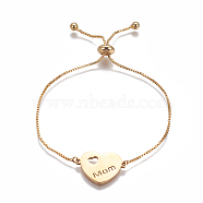 Mother's Day Gifts, 201 Stainless Steel Slider Bracelets, Box Chains, Heart with Word Mom, Golden, 9-5/8 inch~9-7/8 inch(24.5~25cm), Links: 15.5x22x1.5mm(STAS-I113-47G)