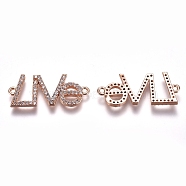 Brass Micro Pave Cubic Zirconia Links connectors, Word LOVE, Clear, Rose Gold, 11x25x2.2mm, Hole: 1mm(ZIRC-k081-71RG)