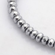 Electroplate Non-magnetic Synthetic Hematite Beads Strands, Faceted Rondelle, Platinum Plated, 4x3mm, Hole: 1mm, about 141pcs/strand, 15.7 inch(G-J208D-08)