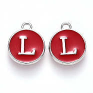 Platinum Plated Alloy Enamel Charms, Cadmium Free & Lead Free, Enamelled Sequins, Flat Round with Letter, Red, Letter.L, 14x12x2mm, Hole: 1.5mm(ENAM-S118-03L-P)
