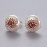 Natural Pearl Stud Earrings, with Brass Micro Pave Cubic Zirconia Findings, Flat Round with Flower, Long-Lasting Plated, with Ear Nuts, Golden, Deep Pink, 14~14.5mm, Pin: 0.8mm(EJEW-L231-23B)