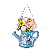 Wood Hanging Wall Decorations, with Jute Twine, Watering Can with Flower, Colorful, 281x239x5mm(HJEW-WH0046-006)