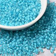 8/0 Transparent Glass Seed Beads, Inside Colours, Round Hole, Round, Cyan, 3~3.5x2mm, Hole: 1~1.2mm, about 450g/bag(SEED-F003-03B-10)