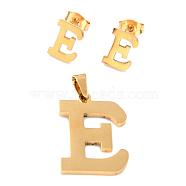 304 Stainless Steel Pendants and Stud Earrings Jewelry Sets, Alphabet, Letter.E, 20~23x13~19x1.5mm, Hole: 6x3mm, 6~10x6~9x1mm, Pin: 0.8mm(SJEW-P099-05G)