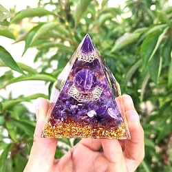 Orgonite Pyramid Resin Energy Generators, Reiki Natural Amethyst Chips Inside for Home Office Desk Decoration, 50mm(PW-WG53E4D-01)