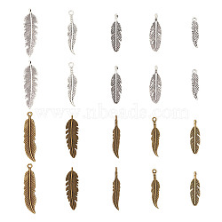 90pcs 15 style Tibetan Style Alloy Pendants, Feather Charm, Cadmium Free & Lead Free, Mixed Color, 17~45.5x5~11.5x1.5~5mm, Hole: 1.4~2mm, 6pcs/style(TIBEP-AR0001-12)