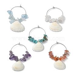 Natural Shell Wine Glass Charms, with Natural Carnelian & Rose Quartz & Amethyst & Aquamarine & Synthetic Turquoise Chips and 316 Surgical Stainless Steel Wine Glass Charms Ring, Mixed Color, 50~52mm, 5pcs/set(AJEW-TA00019)