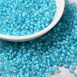 8/0 Transparent Glass Seed Beads, Inside Colours, Round Hole, Round, Cyan, 3~3.5x2mm, Hole: 1~1.2mm, about 450g/bag(SEED-F003-03B-10)