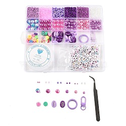 DIY Keychain Making Kits, including Glass Seed Beads & ABS Plastic & Polymer Clay Beads, Alloy Clasp, Elastic Thread, Tweezers, Purple, 3x2mm, Hole: 1.2mm(DIY-L073-07A)